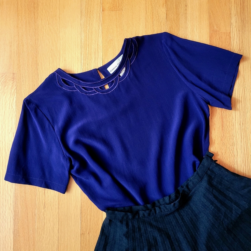 🫐 VTG Dark Blue 100% Silk Embroidered Blouse Sz S
